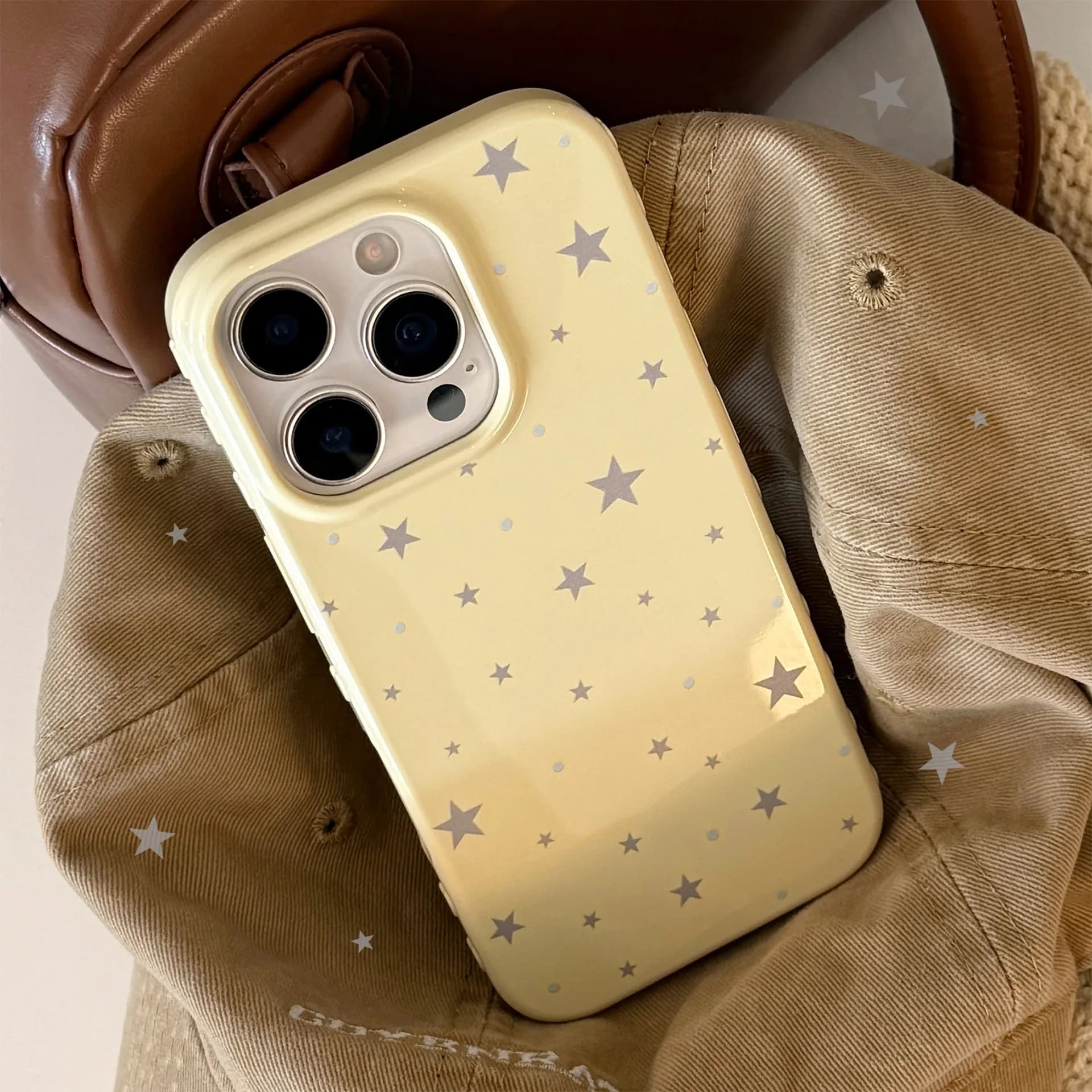 Soft Phone Case with full-screen yellow Korean-style grey stars for iPhone 17 16 15 14 13 12 Pro Max Shock Protective Case