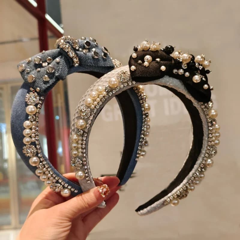 Fascia per capelli coreana squisita con fiocco in denim e strass, fermaglio per capelli con perle e strass, accessori per capelli