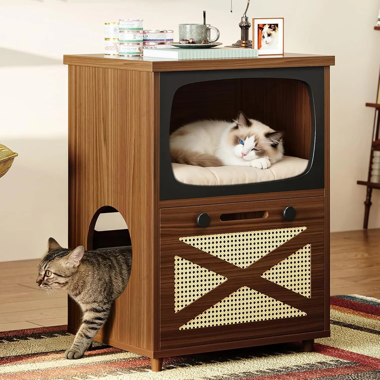 IRONCK Mobiletto per Lettiera Gatti a 2 Livelli, Lettiera Nascosta con Tiragraffi, Mobile per Gatti a Forma di TV Vintage