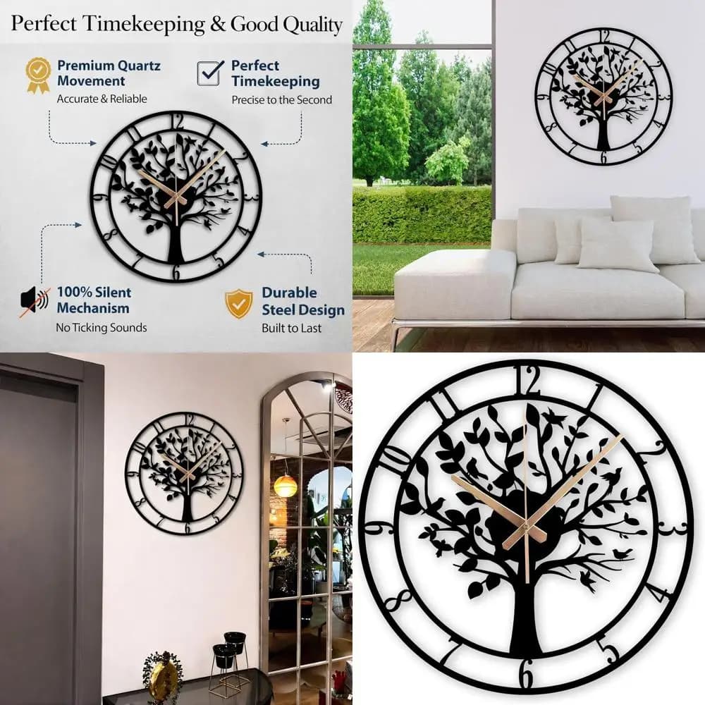 Grande Orologio da Parete in Metallo con Albero e Uccelli, Silenzioso Senza Ticchettio, a Batteria, Moderno Orologio Nero per Casa, Soggiorno, Ufficio, Kit