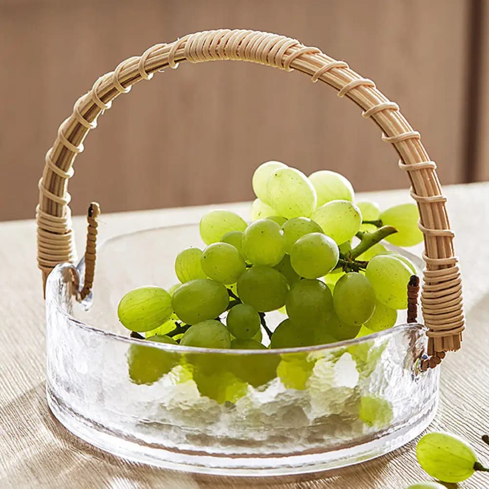 Piatto in Vetro con Manico in Rattan per Frutta e Snack, Contenitore Trasparente per Caramelle, Cioccolato, Frutta Secca, Noci e Dessert