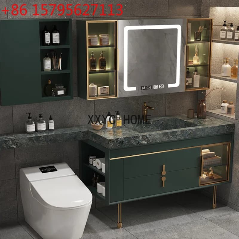 Mobile da Bagno con Lavabo in Pietra, Combinazione di Lusso Leggero, Lavabo Completo, Semplice Mobile in Quercia con Specchio Intelligente