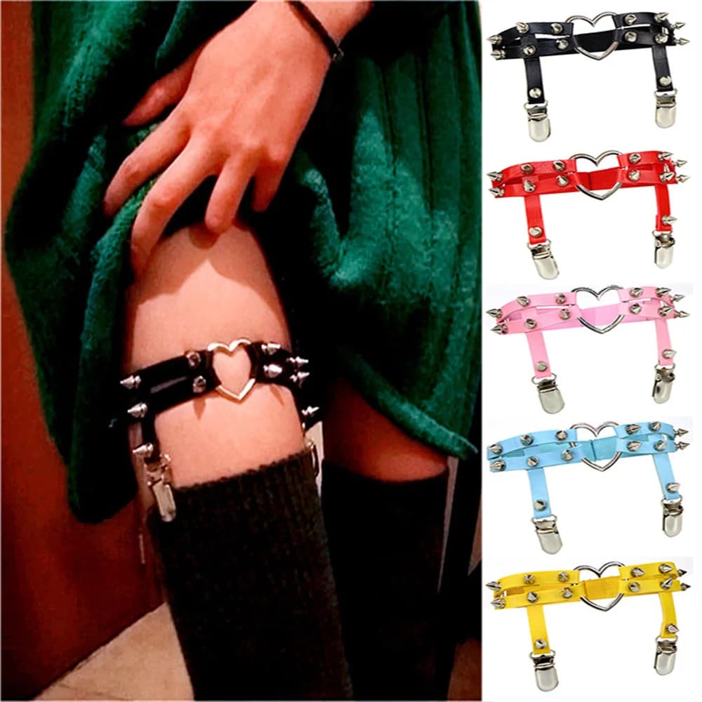 1 pz donne punk gotico cuore cuoio dell'unità di elaborazione anelli elastici per le gambe gioielli per il corpo sulle gambe catene elastiche per il corpo reggicalze reggicalze cintura