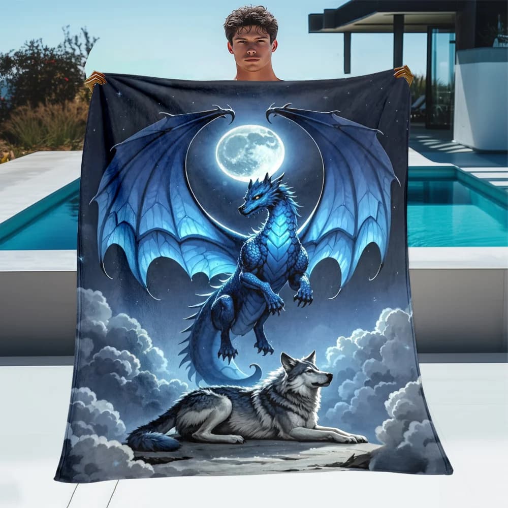 Occidentalia HD Fantasy Dragon Wolf Stampa Coperta di flanella Stampata digitale per tutte le stagioni Morbida anti-pilling Viaggi da campeggio all'aperto
