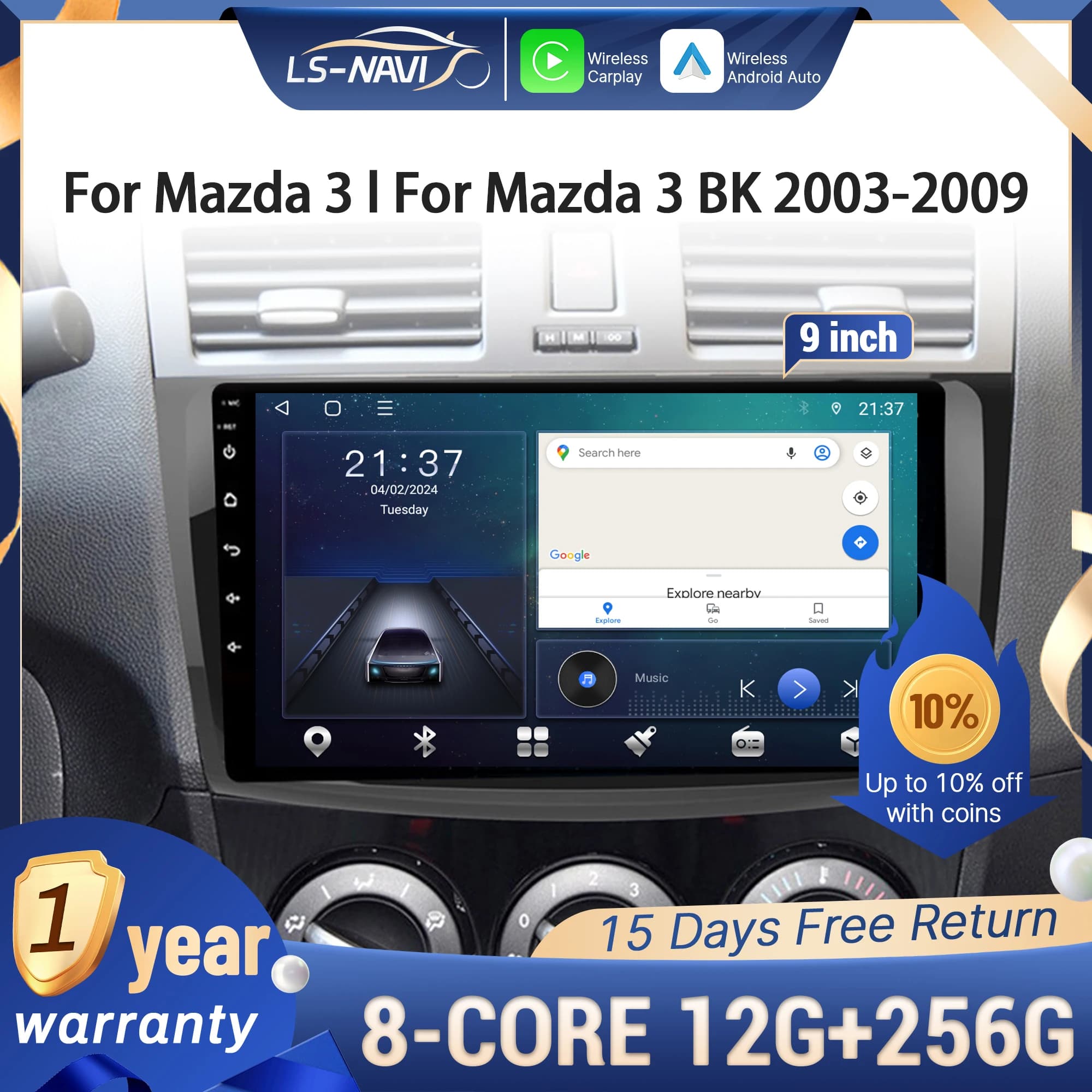 Car Radio Multimedia For Mazda 3 l For Mazda 3 BK 2003-2009 Android 14 Navigation 4G GPS Wireless BT CarPlay Touch Screen Stereo