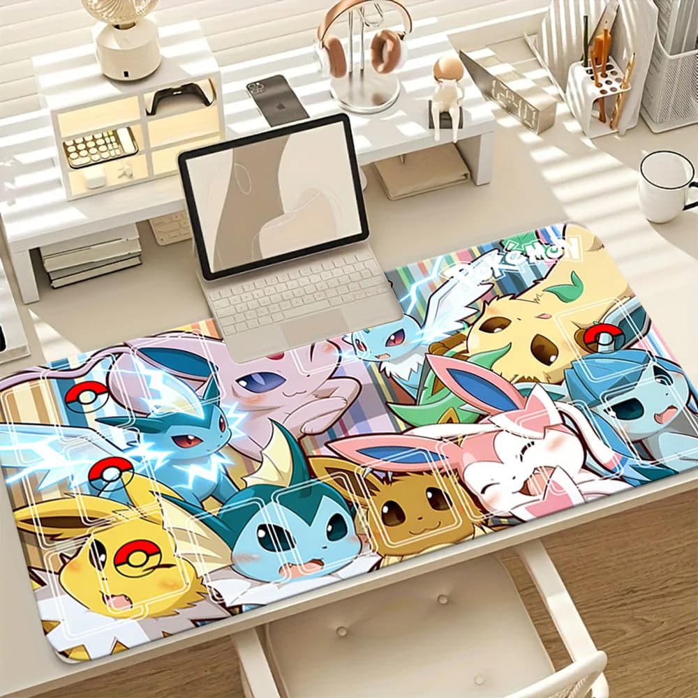 Tappetino per mouse da gioco grande Pokemon Eevee All Evolutions Lightning Effect, tappetino da scrivania colorato in stile anime, tappetino per tastiera esteso antiscivolo per