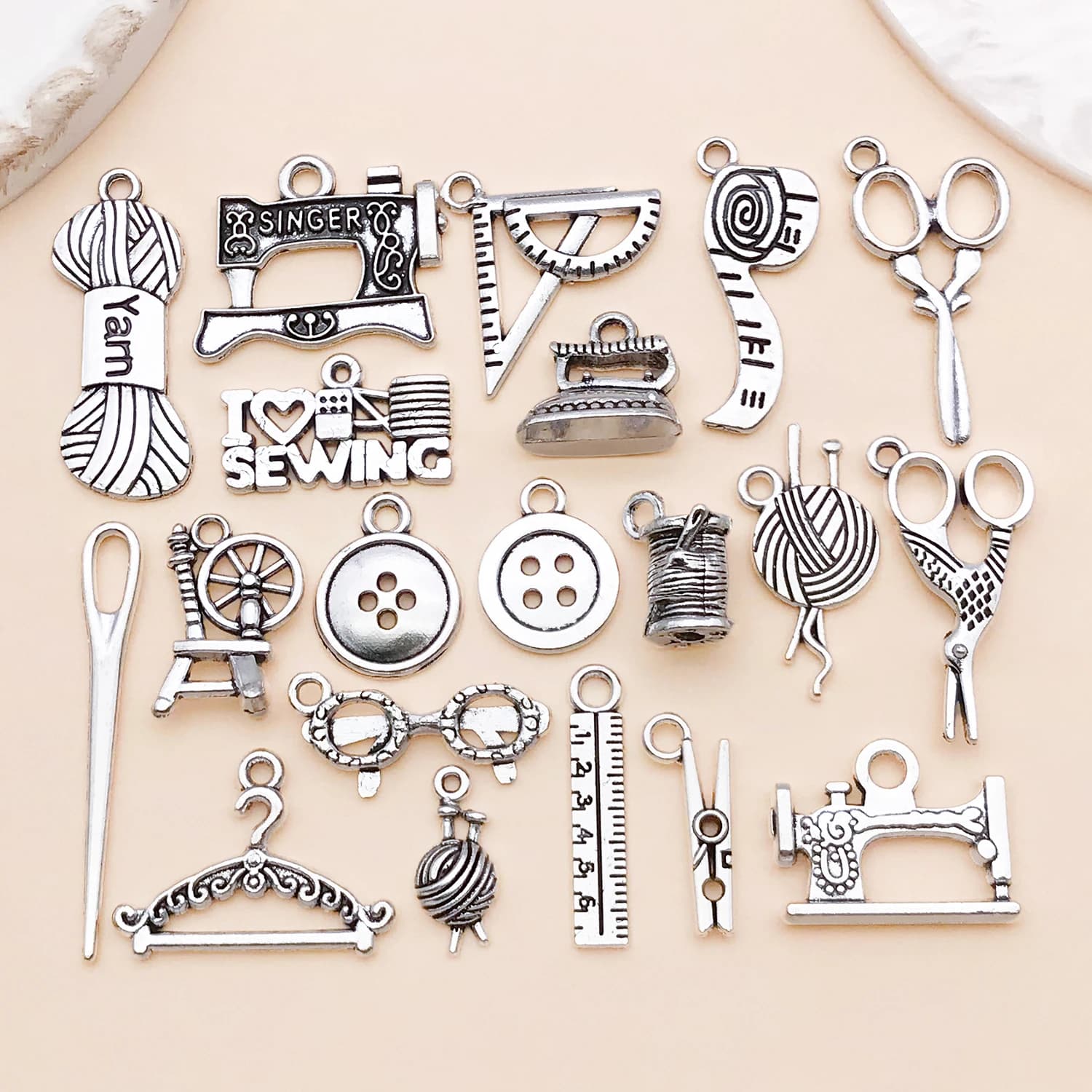 20pcs Mix Alloy Sewing Tool Kit Charms Pendants For Jewelry Making DIY Handmade Scissors Clothes Hanger Clamp Button Accessories