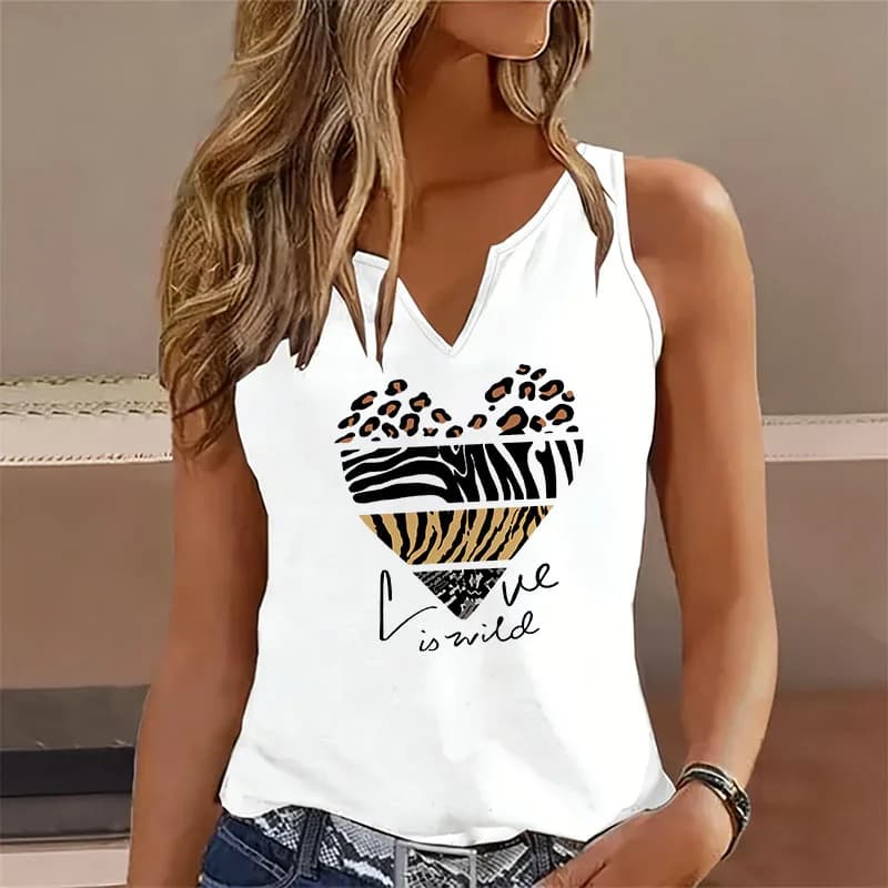 T-shirt Senza Maniche alla Moda con Scollo a V, Casual, Stile Y2K, con Stampa 'Love', Maglietta a Maniche Corte da Donna con Scollo a V