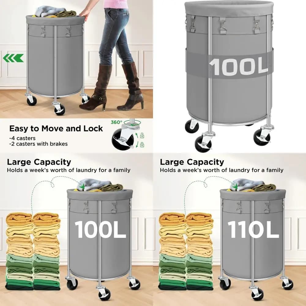Cesto Portabiancheria con Ruote da 100L, Borsa Rimovibile, Organizzatore per Camera da Letto, Bagno, Lavanderia - Grigio