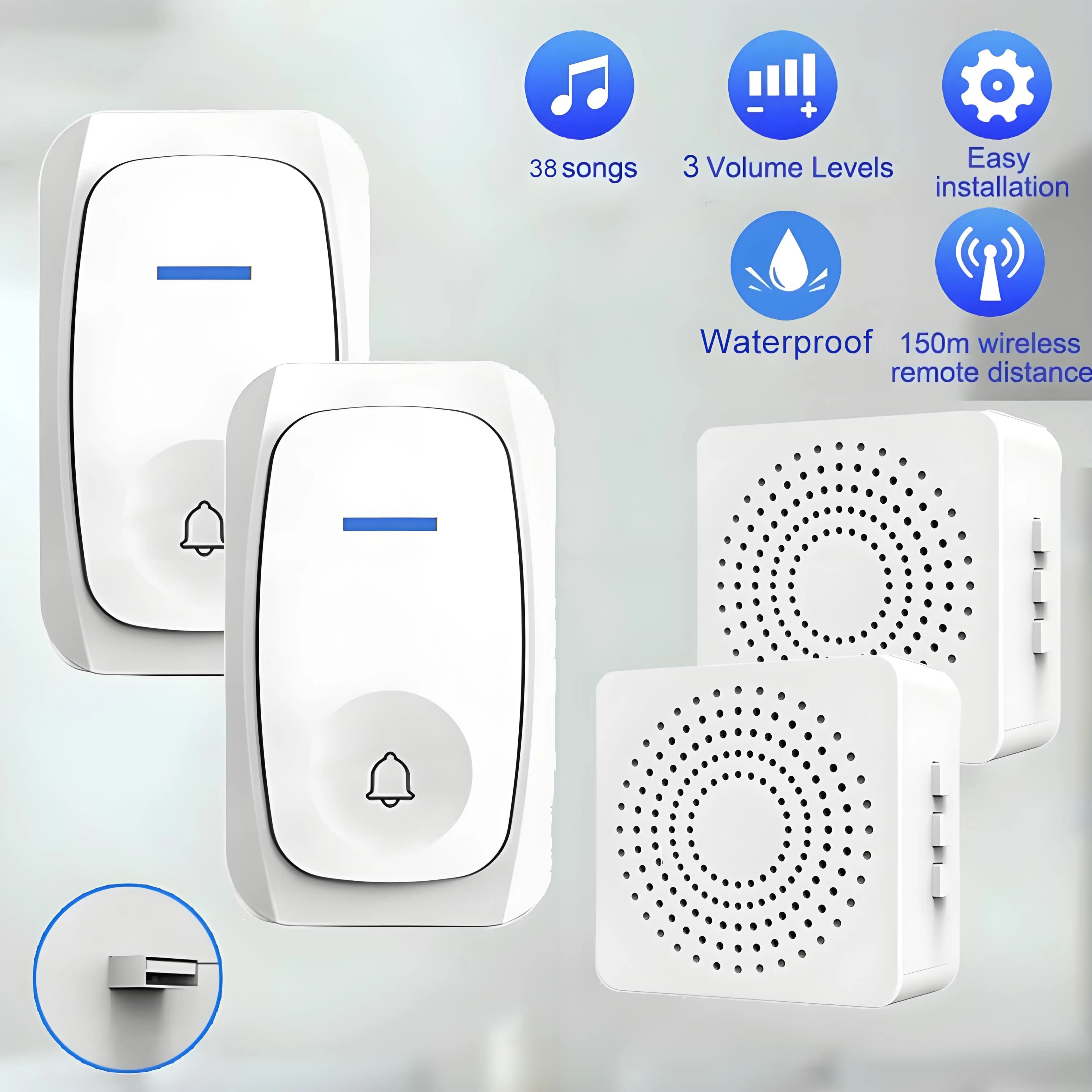 Campanello senza fili USB Campanello di benvenuto impermeabile Campanello per porta di casa Intelligente volume a tre velocità 38 brani Allarme melodie intelligenti