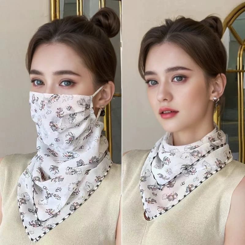 Womens Sun Protection Floral Scarf, Adjustable Protection Face Chiffon Print Mask, Ice Silk Neck Protector Bandana