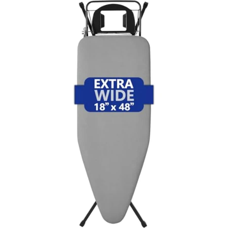 Asse da Stiro Extra Larga 48×18 con Ampia Superficie, Appendiabiti, Portacavo, Copertura Termoresistente, Robusta e Anti-Vibrazione