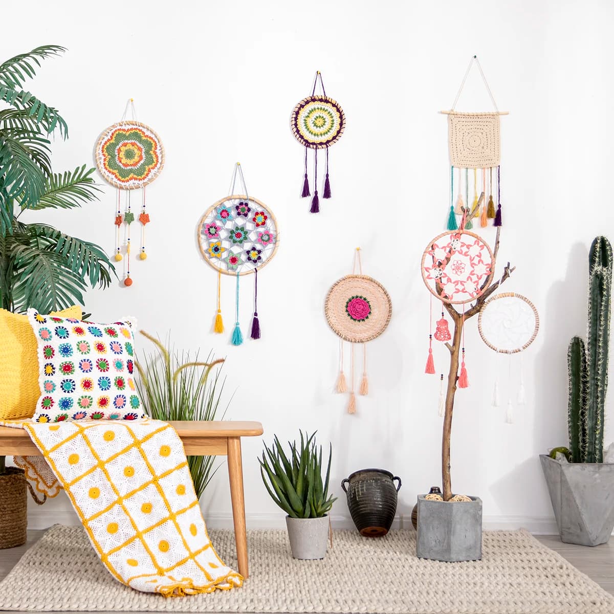 Bohemian Style Hand Knotted Carpet Wall Decorative Hanging Tapestry Dream Catcher Nordic Simple Cotton round Shape Home Decor