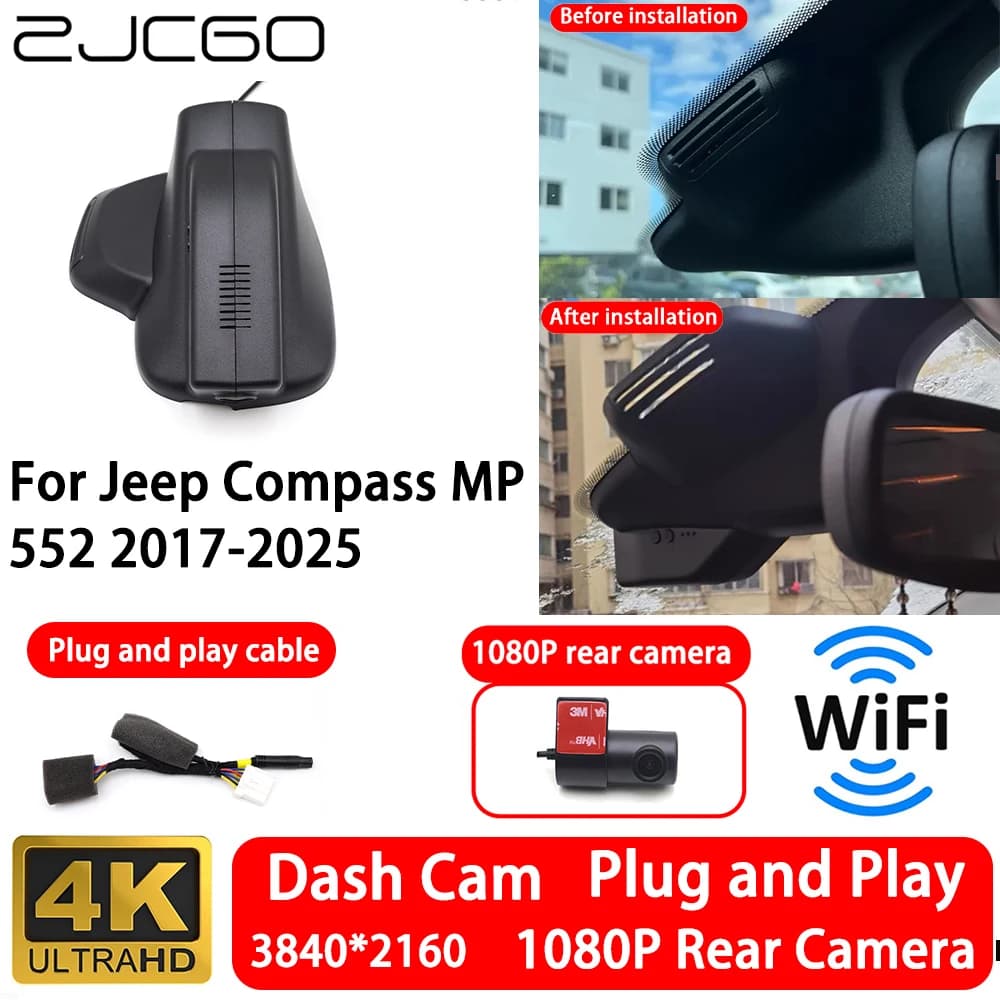Telecamera Anteriore e Posteriore 4K 2160P per Jeep Compass MP 552 2017-2025, Dash Cam WiFi Plug and Play, Registrazione Video in Loop