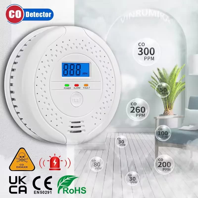Sensore di allarme CO indipendente Display digitale a LED Rilevatore di monossido di carbonio Alimentato a batteria AA Avviso sonoro e luminoso Monitor di gas CO