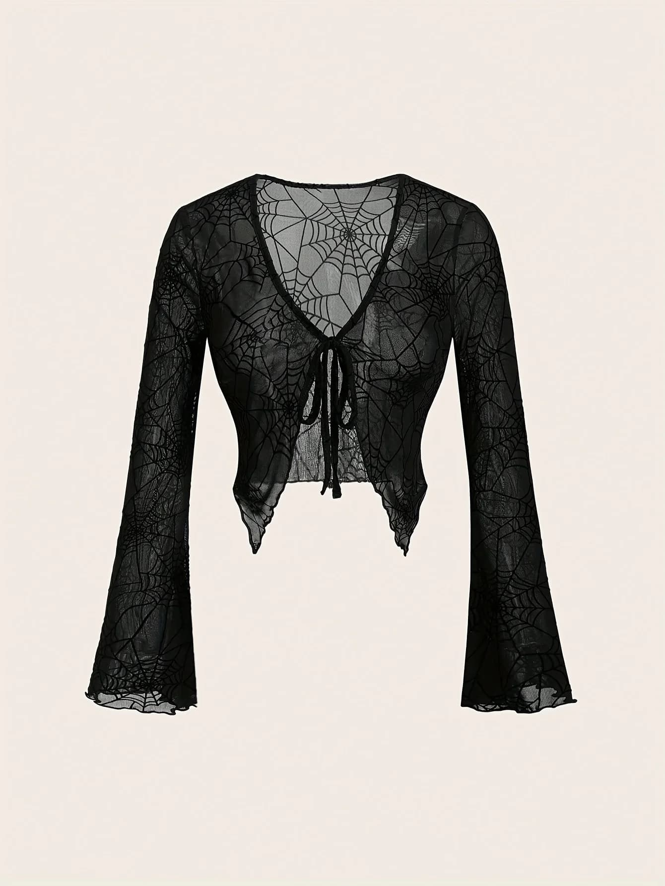 Gothic-style women's long-sleeve T-shirt, suitable for Halloween themes, elegant parties and role-playing costumes, festival outfits. It is a V-neck top with a spider web pattern and a lace-up design on the front placket