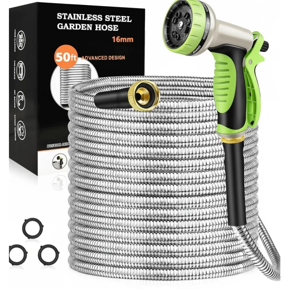 50-foot stainless steel garden pipe with 10 functions nozzle, no tipping and flexible for use on courtyard, outdoor, camper