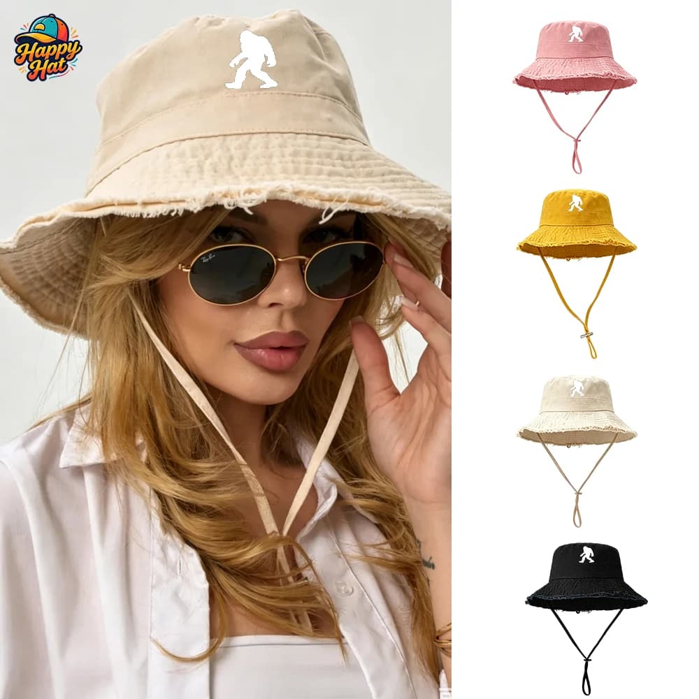 1PC Bigfoot Print Frayed Brim Bucket Hat, Adjustable Windproof Chin Strap Sun Hat, Casual Outdoor Sun Protection Fisherman Cap for Women Men, Suitable for Off Campus Walking Hiking Camping Beach Travel Daily Le