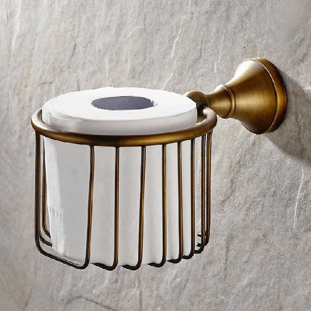 Accessorio per il bagno con cestino portarotolo di carta igienica a parete in ottone antico aba148