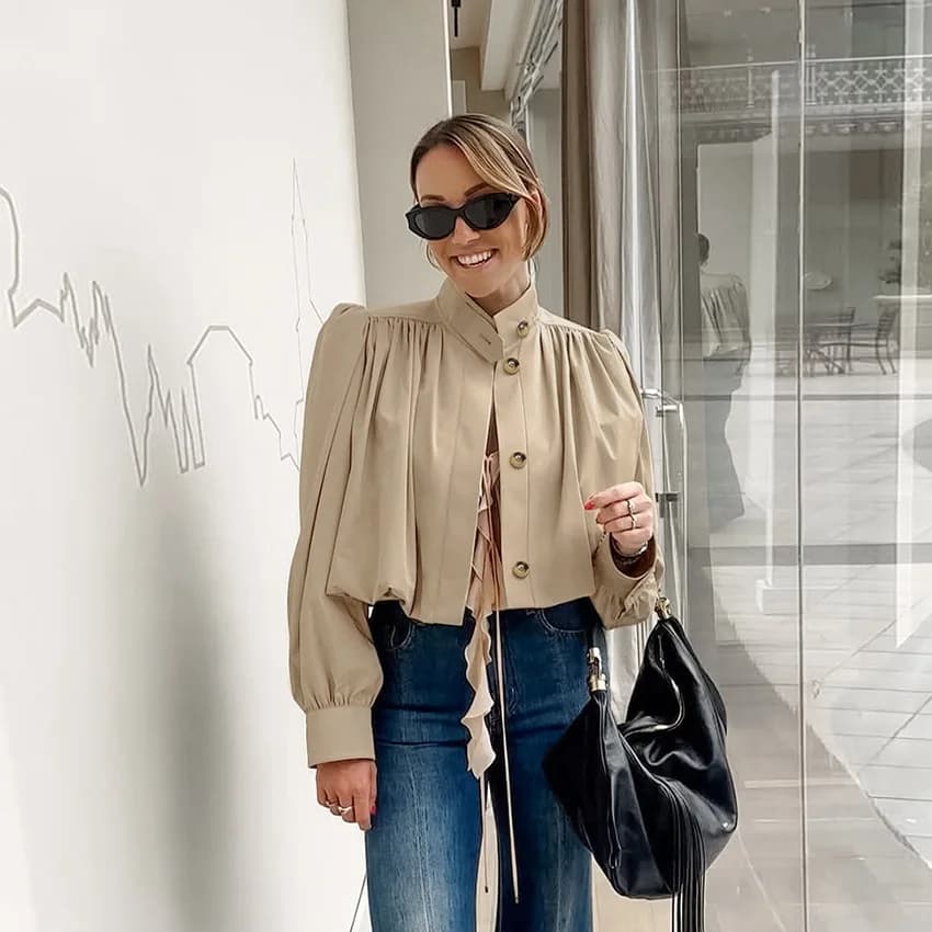 Cappotto Trench di Alta Gamma Primavera-Autunno, Giacca Corta a Maniche Lunghe, Cappotto Oversize Plissettato, Capospalla Casual Kaki con Colletto Alto