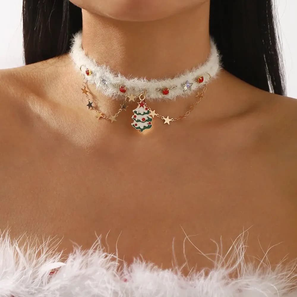 Elegant Christmas Tree Christmas Choker Hairball Sweet Bow Pendant Necklace Vintage Trendy Xmas Clavicle Chain Girls