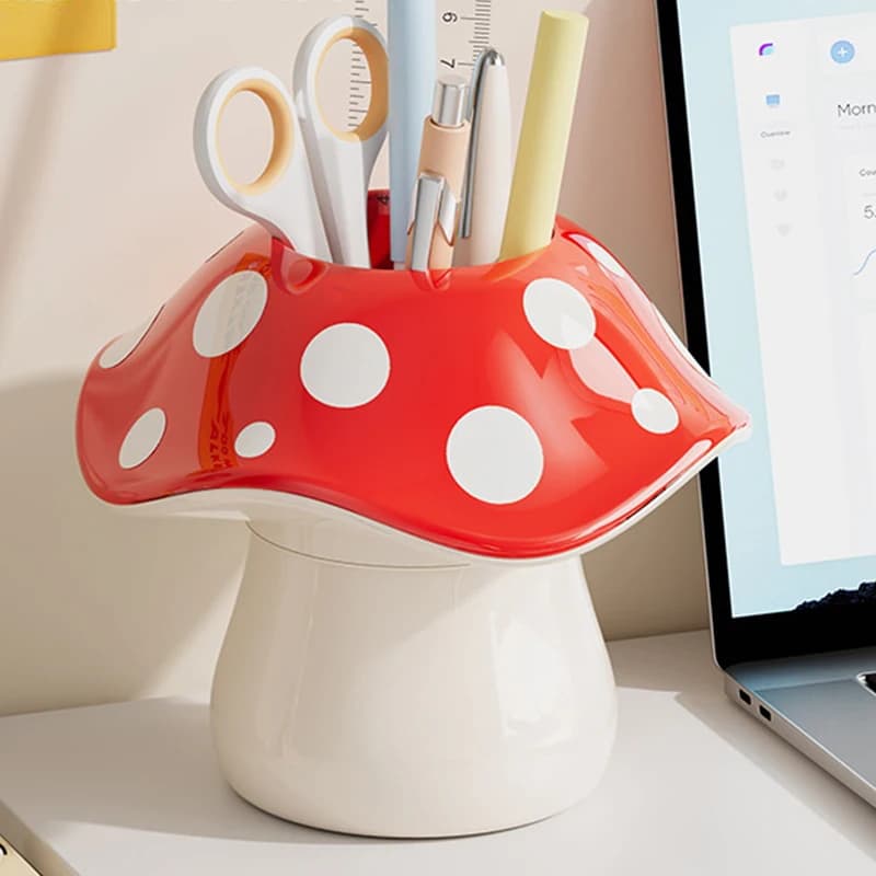 Simpatica scatola portaoggetti a forma di fungo con pois, organizer da scrivania per articoli vari, porta penne per dormitorio studentesco, contenitore portatile per pennelli cosmetici