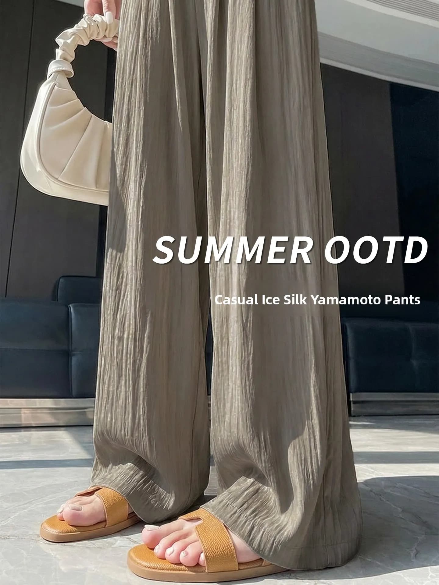 Pantaloni a gamba larga in seta ghiaccio da donna, estivi, sottili, a vita alta, drappeggiati, larghi, casual, con protezione solare, freschi, stile Mountain Person