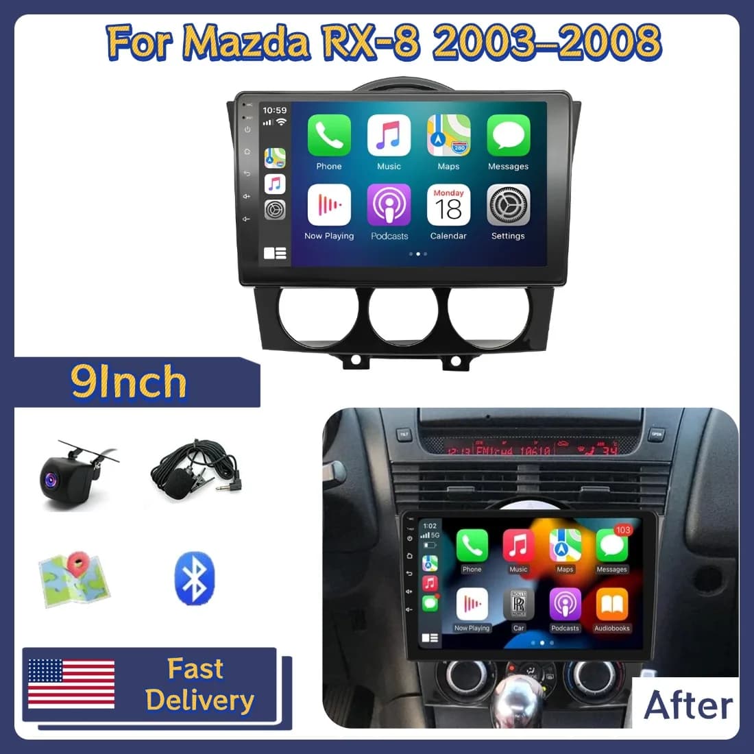 Autoradio 9 pollici 2+64G per Mazda RX-8 2003-2008 con Carplay Android 13 Navigatore GPS Bluetooth Mirror Link