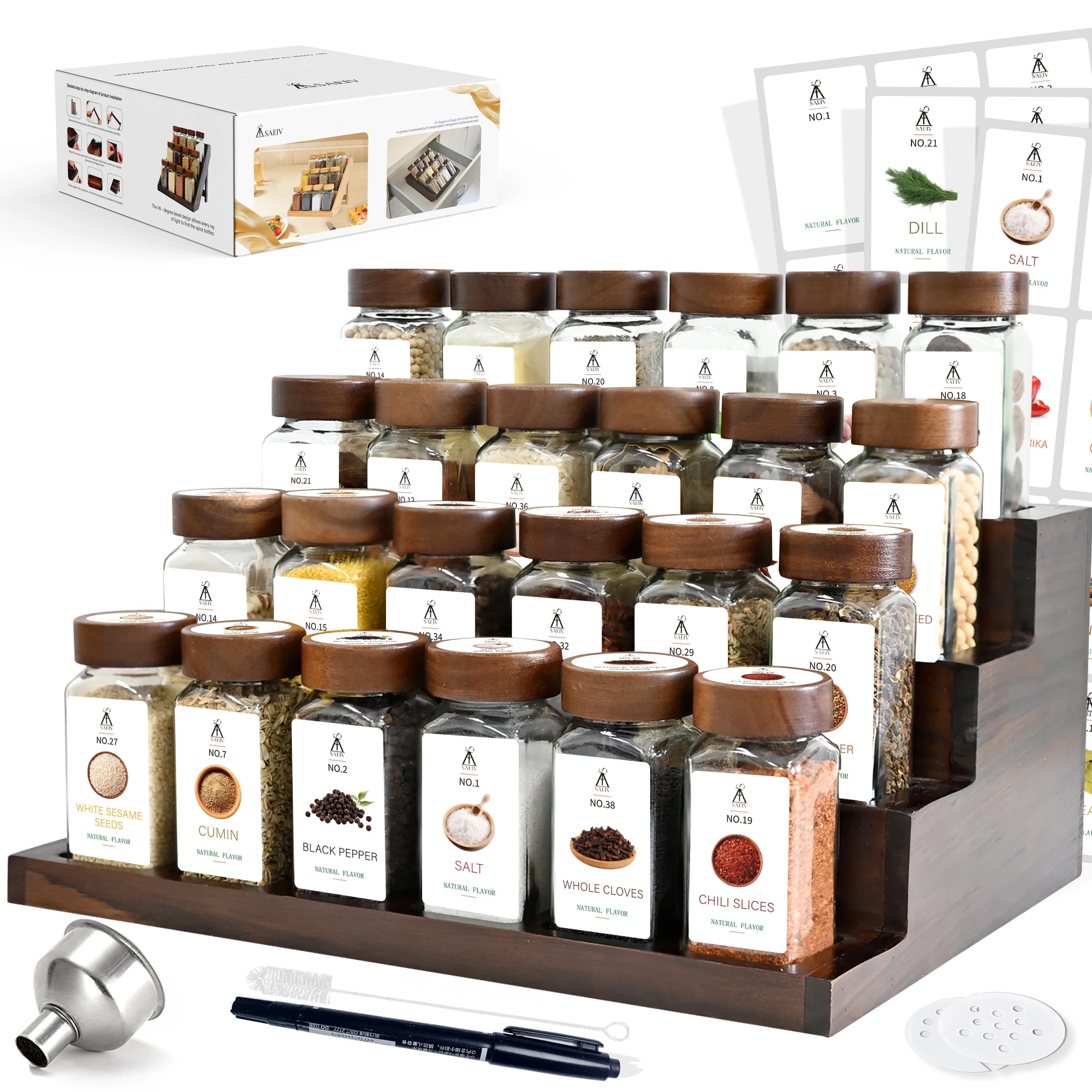 SAEIV Portaspezie in vetro da 24 pezzi, scaffale da cucina in legno a 4 livelli, completo di etichette e imbuto, organizer da cucina