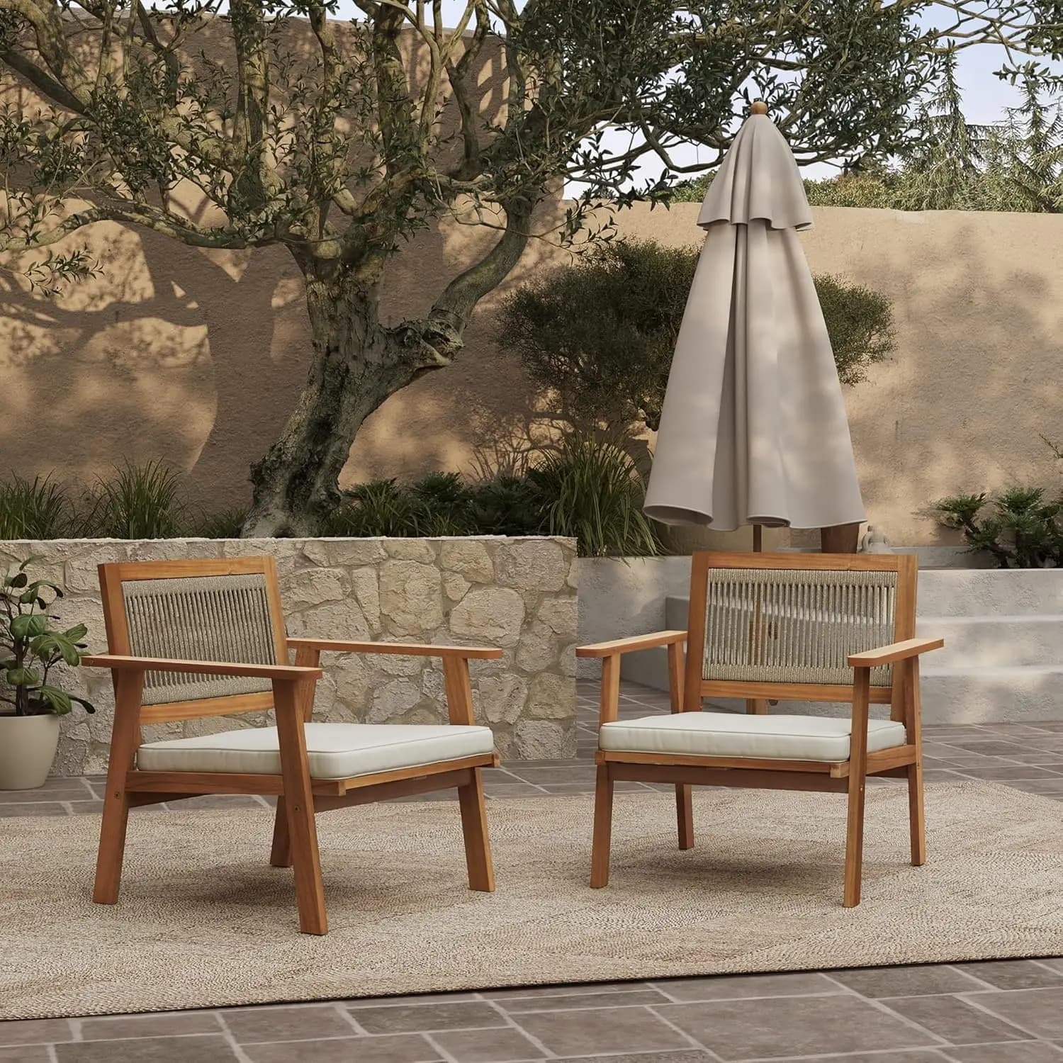 Set di 2 Poltrone in Legno di Acacia con Schienale in Corda e Cuscini, Arredamento da Esterno per Patio, Giardino e Veranda, Personalizzabile