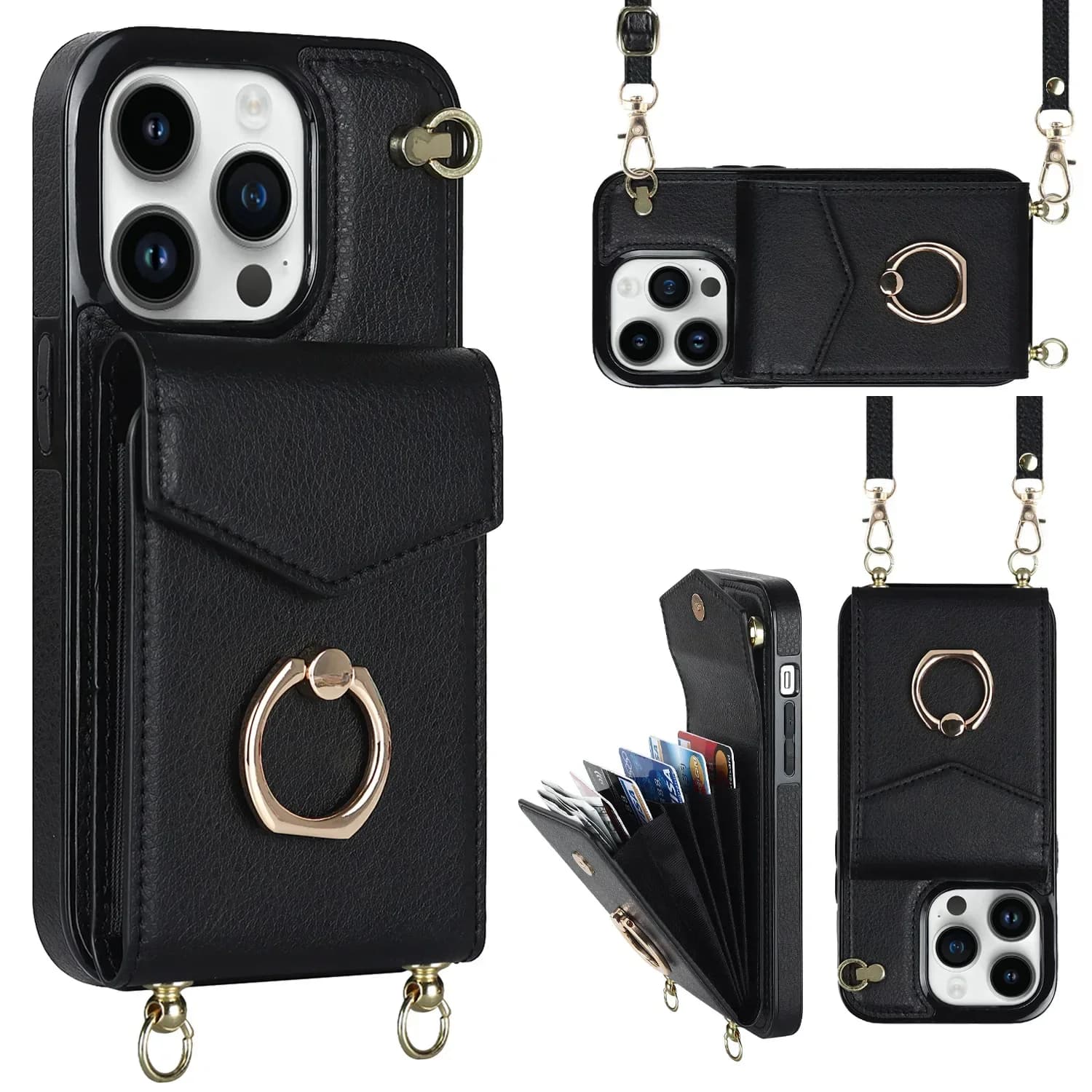 Custodia a tracolla con supporto ad anello per IPhone 14 13 12 11 Pro XS Max XR X 7 8 Plus RFID Blocco organo Porta carte Cordino Custodia in pelle