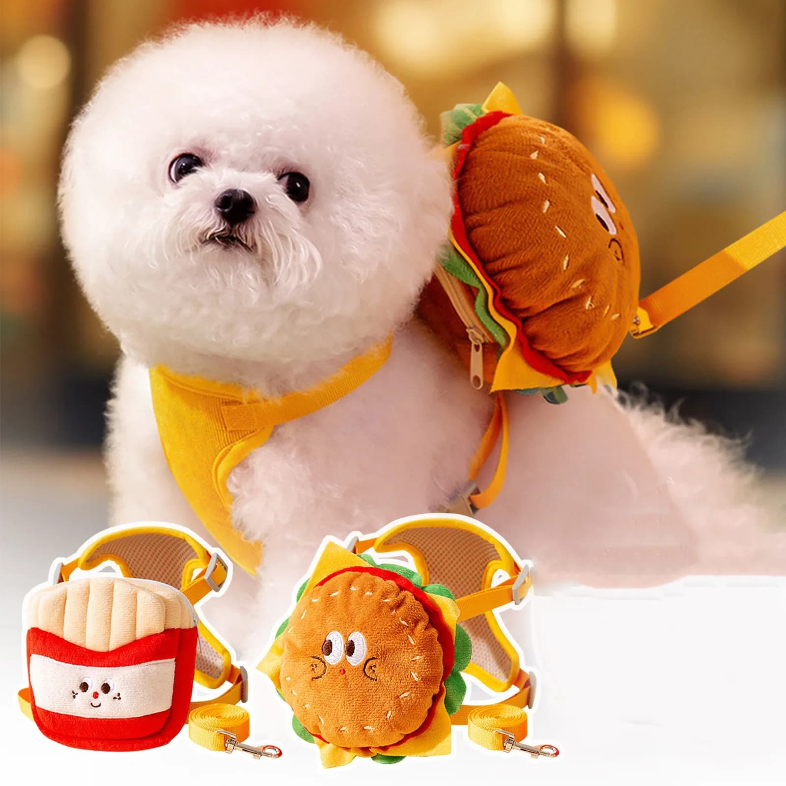 Cute Plush Hamburgers and French Fries Dog Vest Type Traction Rope Fashion Mini Storage Bag Pet Outdoor Supplies