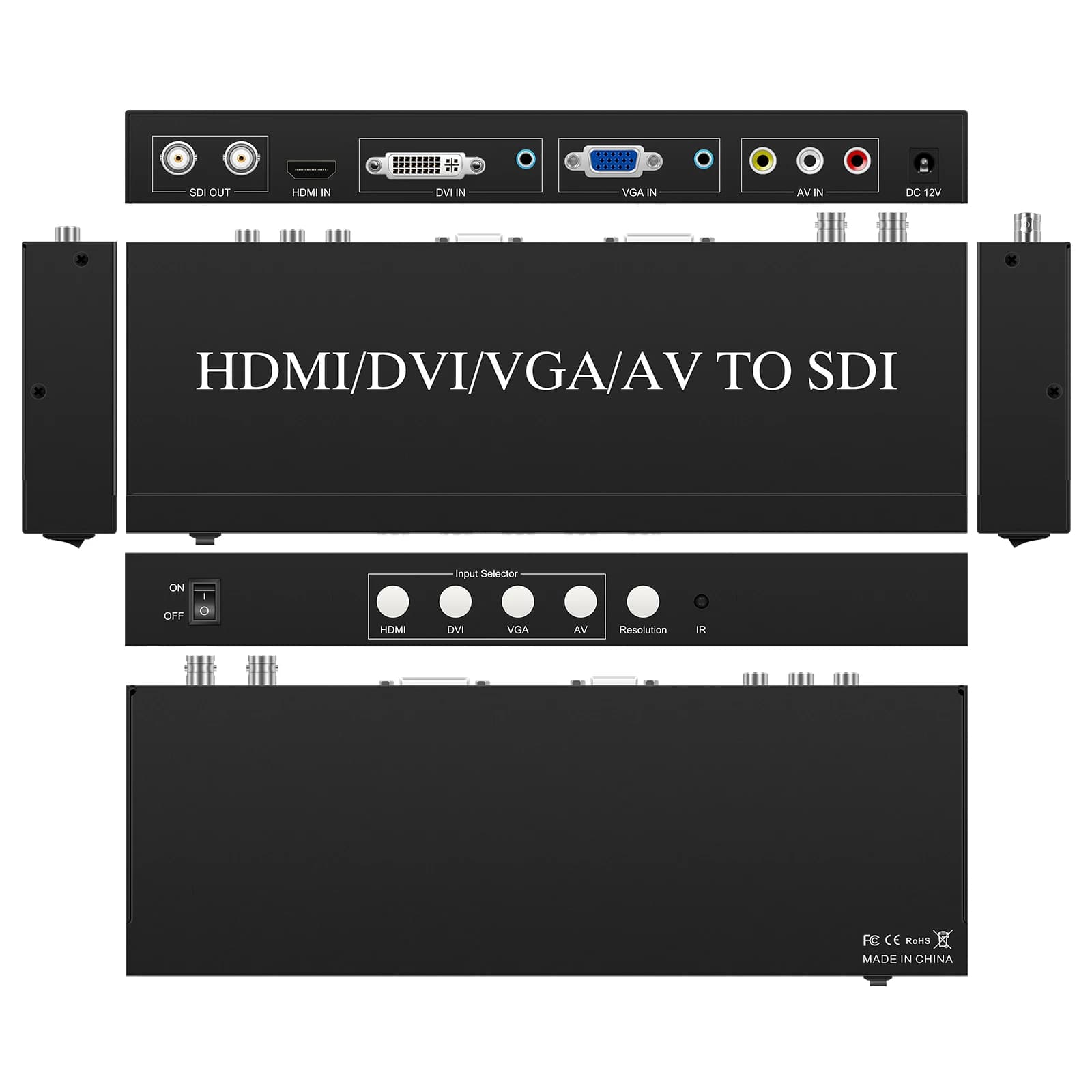 HDMI/DVI/VGA/AV multifunction converter to SDI, resolution up to 1080 p60hz, supports NTSC,PAL,SECAM formats, remote control