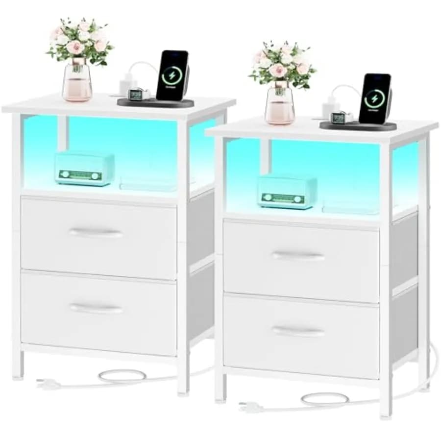 Set di 2 comodini con stazione di ricarica, tavolini da comodino per camera da letto con luci LED, comodini con 2 cassetti in tessuto