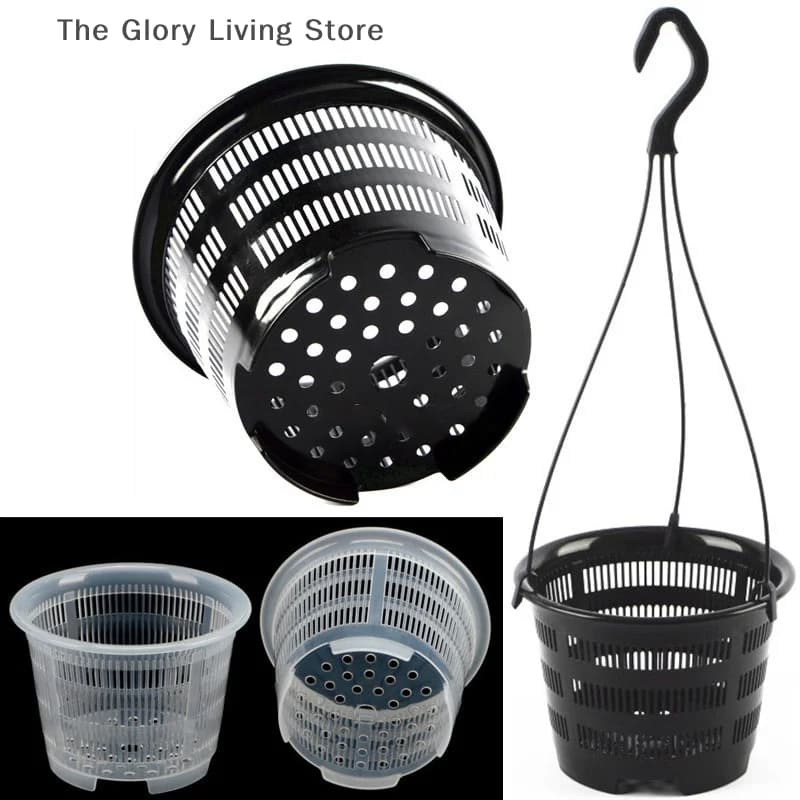 Orchid Tazza in rete trasparente Pianta in vaso Vassoio per vivaio di fiori Cestino Contenitore in plastica traspirante Foro per appendere Bianco Nero