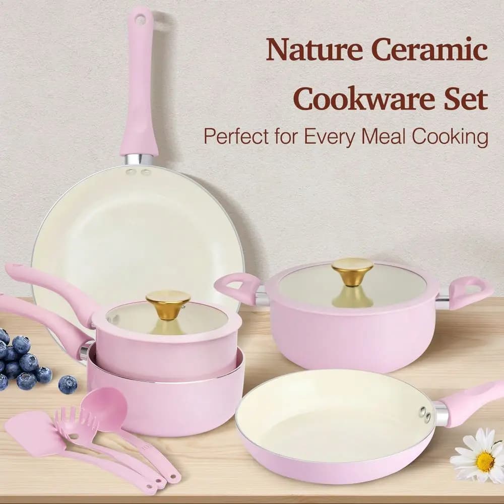 Set di Pentole Antiaderenti, 11 Pezzi in Ceramica per Piano a Induzione, Set di Pentole Salutari con Padelle, Set di Casseruole, Compatto