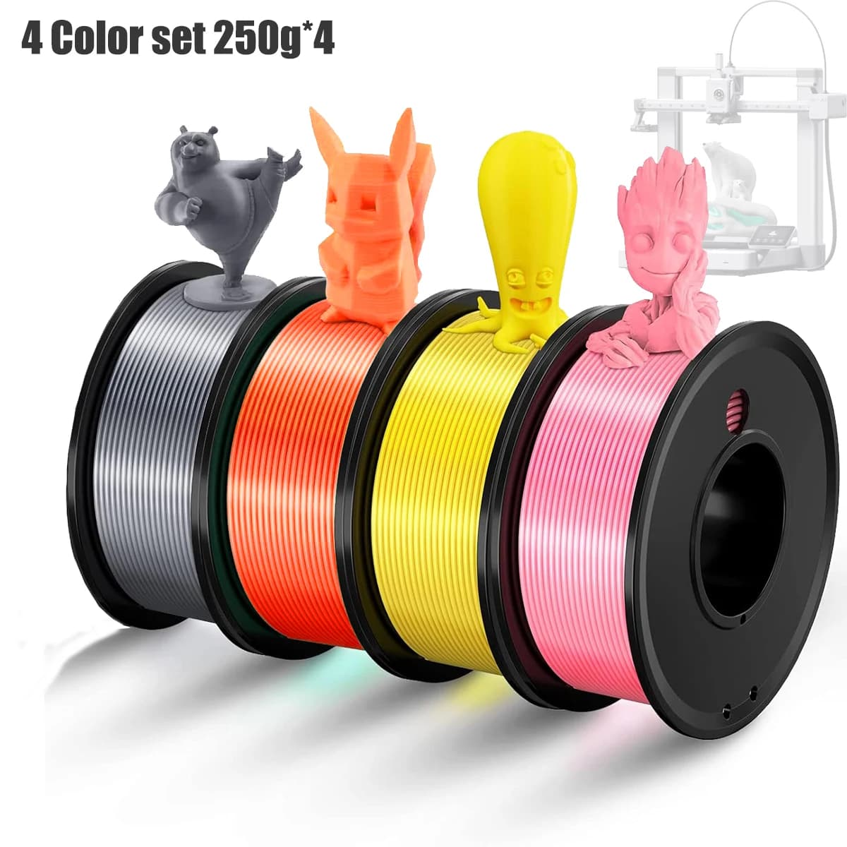 PLA 1.75mm 3D Printing Filament Set (4 Colors): Silver, Pink, Orange, Yellow; Accuracy ±0.02mm; Vacuum Packed Spools; 250g X 4