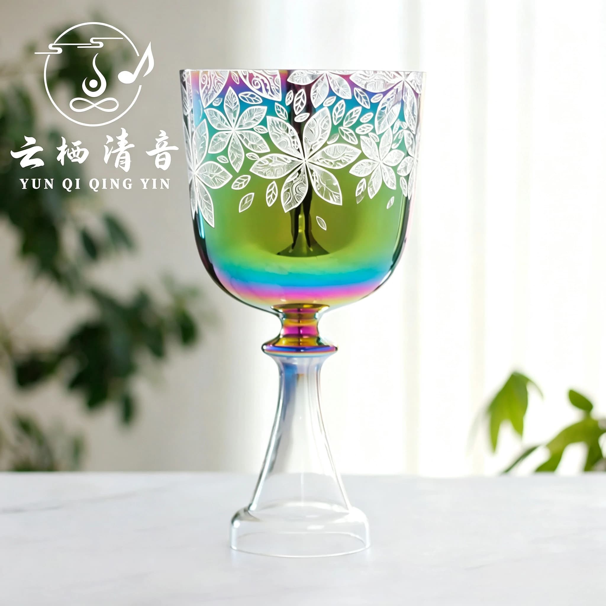 YUN QI QING YIN 5-8.75 Inch Green Hexagonal Flower Pattern Crystal Singing Chalice Bowl Meditation Sound Healing Bowl