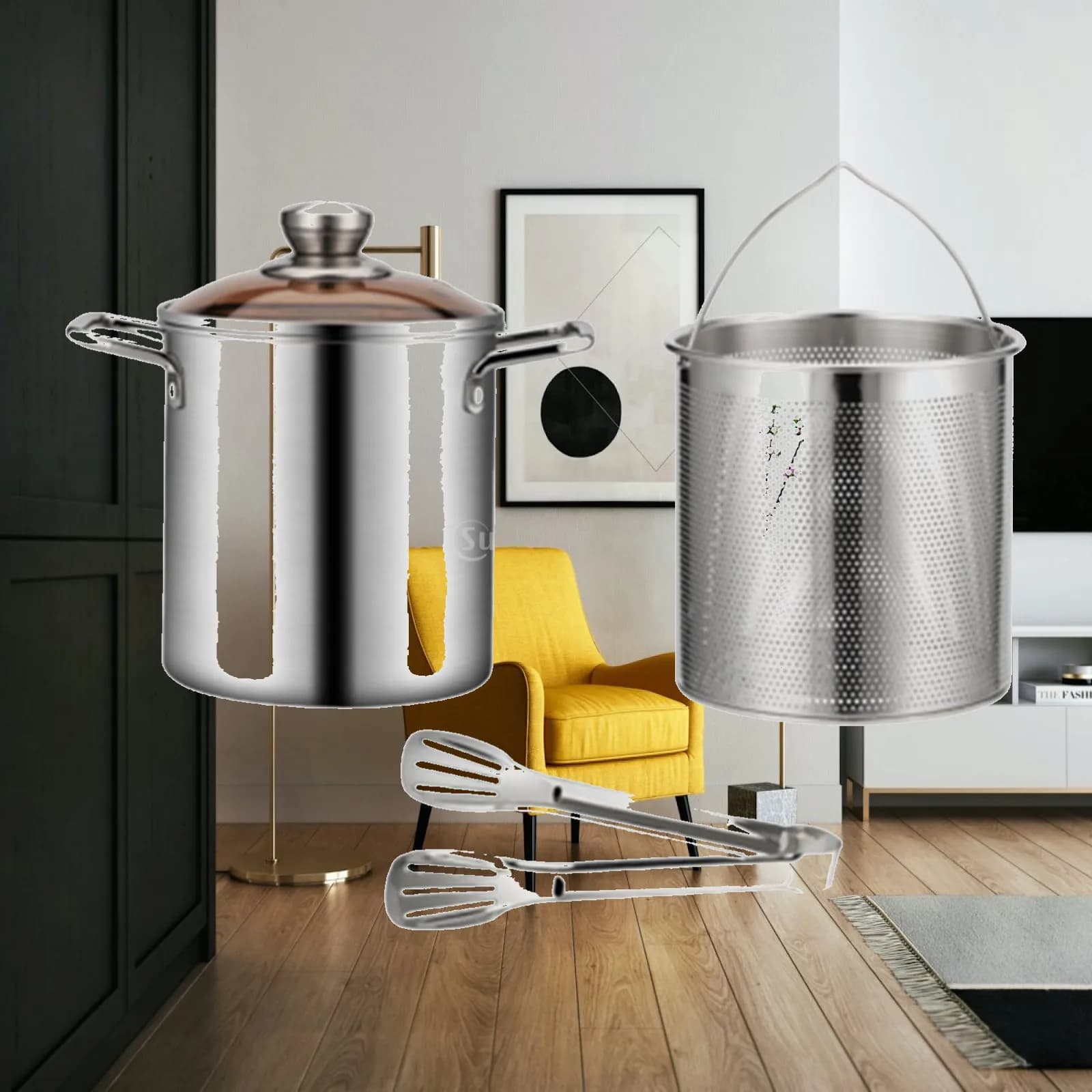 Stainless Steel Frying Pot Soup All Countertops Transparent Glass Lid Seafood