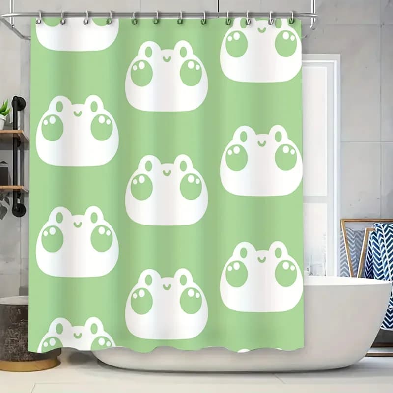 Tenda da doccia impermeabile a forma di cartone animato per l'arredamento del bagno con stampa di rana carina verde giallo bianco