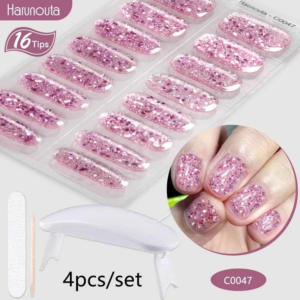 Harunouta 4 pezzi/set striscia per unghie in gel semicurato con lampada per unghie scintillante smalto per unghie gel lucido kit di adesivi per unghie manicure art