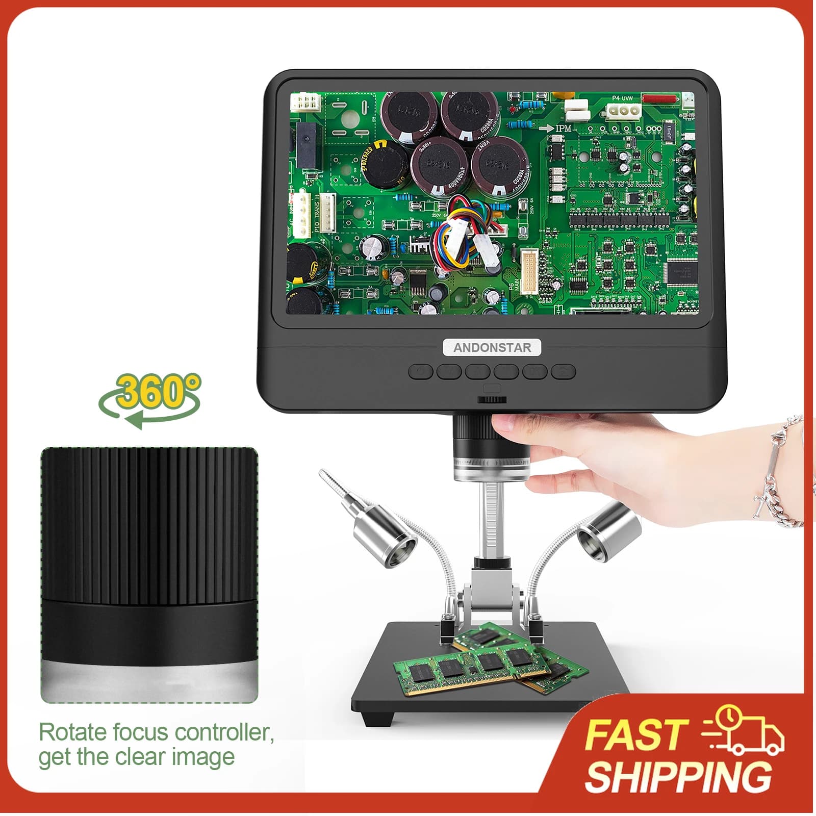 Microscopio Digitale LCD 8.5" 5X-1200X con 1080P, Supporto Regolabile e 10 Luci LED per Saldatura, Monete, Ispezione Gioielli