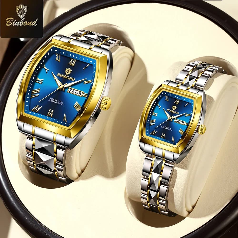 BINBOND 2 pcs torque watches fashion quartz watch square for lover waterproof luminous date week man woman wrist watch Valentine's Day