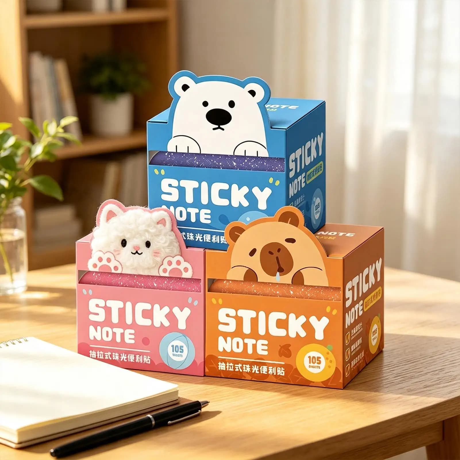 Clear Sticky Notes 105 Sheets 3 Set Glitter Animal Fruit Pull Out Translucent Writing Tabs for Book Annotation Journal Planners