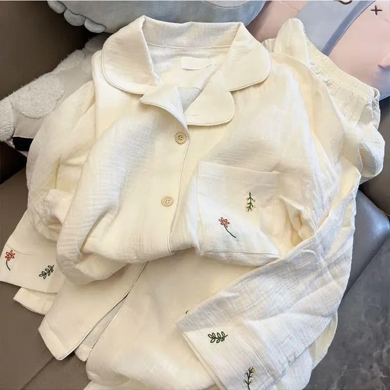 Ricamo Plus Size Abbigliamento per la casa M-5XL Versione coreana Pigiama Donna Indumenti da notte Cardigan in filato di cotone Abito a maniche lunghe