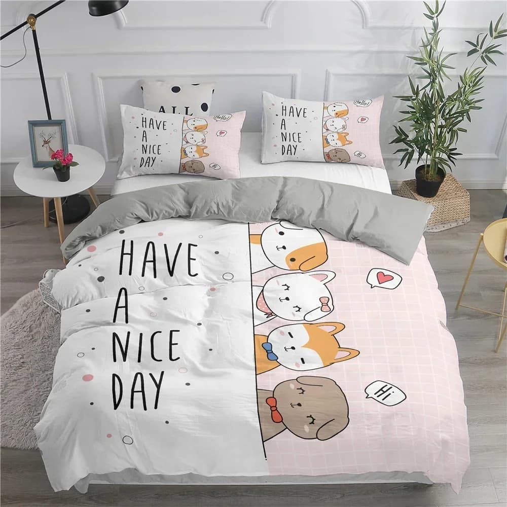 Cartoon Bedding Set Cute Cats Comfortable Duvet Quilt Cover Pillowcase Bedding Set Children Bedroom Decoration Home Textile