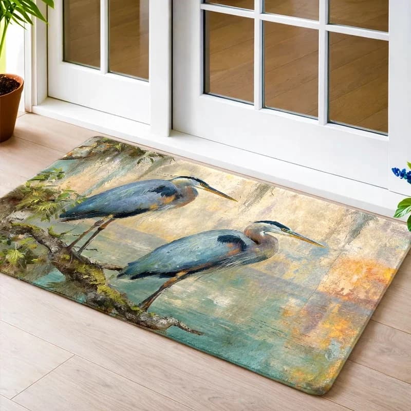 1pc, 2pcs, 3pcs Non Slip Rubber Backing Flannel Mat, Blue Heron Lake Art Pattern, Durable & & Machine Washable, Universal Indoor Outdoor Entry Doormat, Kitchen Bedroom Living Room Bathroom Balcony Corridor Porch Bedside Rug