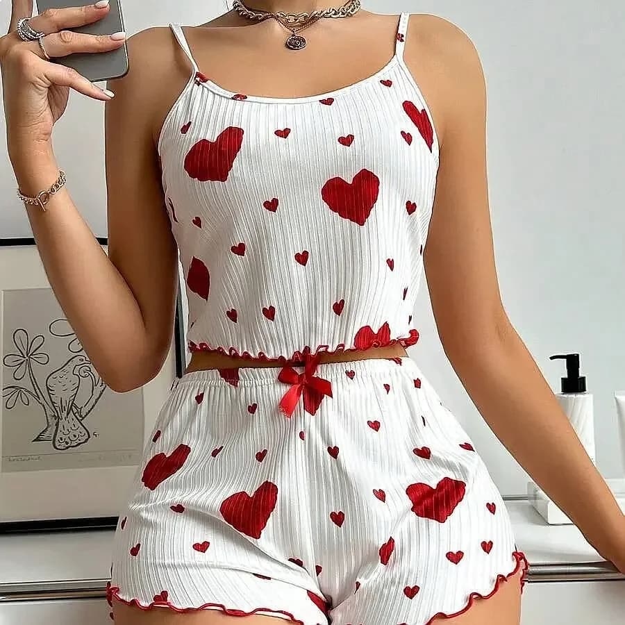 Women's 2 Piece Pajama Set Short Sleeve Tank Top and Shorts Soft Breathable Casual Sleepwear with Love Print S M L White