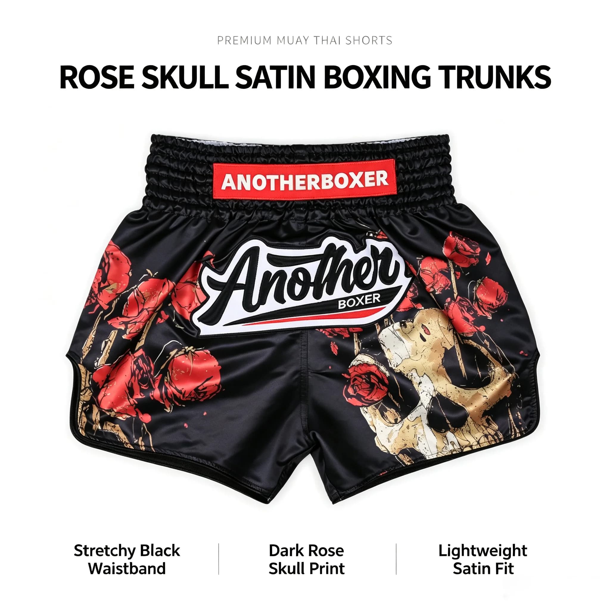 Rose Skull Muay Thai Fight Shorts Black Satin Elastic Comfort Waist Side Slit MMA Boxing Fitness Workout Combat Training Shorts