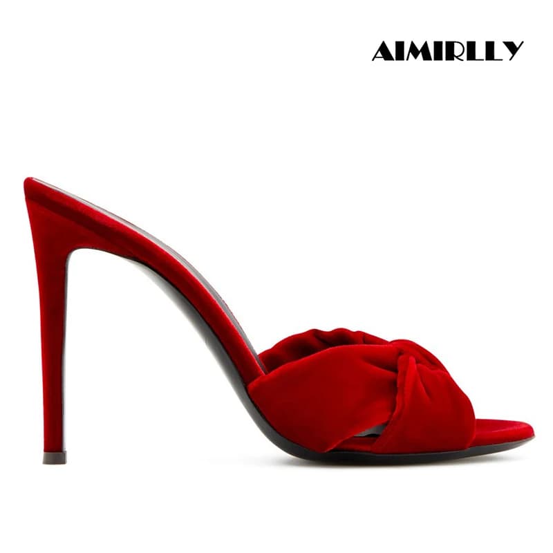 Women’s Velvet Bow High Heel Mule Sandals, Open Toe Slip-On Party & Evening Shoes